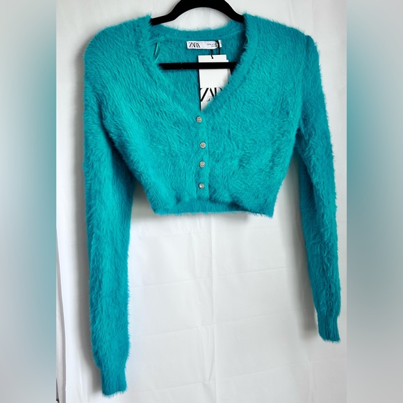 NWT ZARA Faux Fur Crop Sweater Cardigan- Teal - Picture 4 of 11